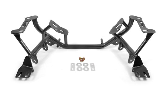 Black Hammertone BMR Suspension K-Member for 96-04 New Edge Mustang, available in standard and coilover versions, showing a sturdy crossmember.