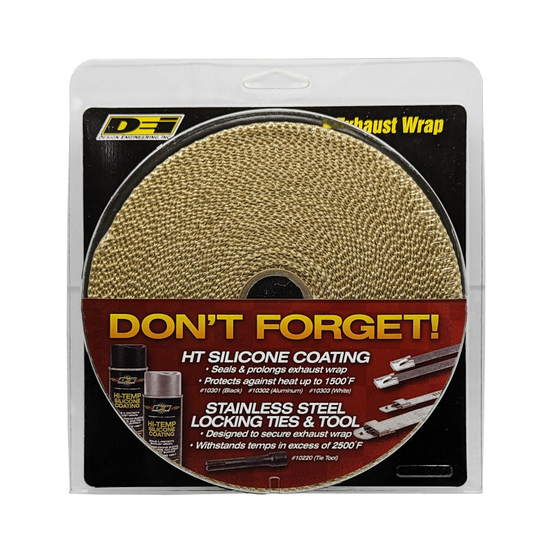 DEI Exhaust Wrap 2in x 50ft in tan, heat-resistant exhaust wrap shown in the image, designed for automotive exhaust systems.
