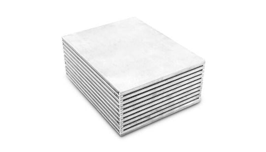 Vibrant 10-inch water-to-air intercooler core with 4-inch height and 8-inch thickness, showcasing its vibrant metal construction.