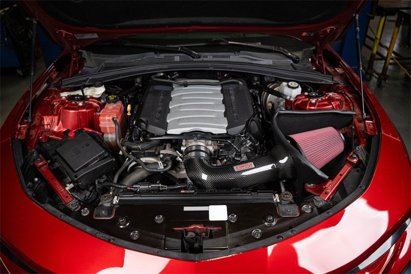 Chevrolet Camaro SS 6.2L V8 Corsa Performance carbon fiber open element cold air intake system for improved engine airflow.