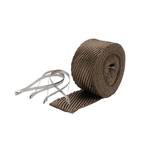 DEI Titanium Exhaust Wrap Kit with pipe wrap and locking tie, designed to insulate and protect vehicle exhaust systems.