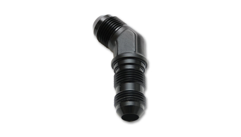 Vibrant black anodized -10AN bulkhead 45-degree elbow fitting, automotive fluid transfer fitting, durable and high-quality.