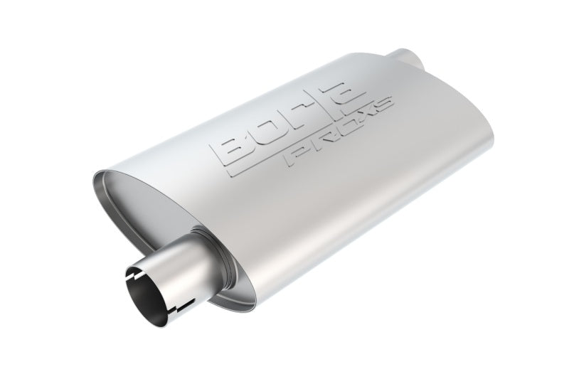 Borla Universal Pro-XS Oval muffler with 2-inch inlet and outlet, offset and notched design, in a metallic finish.