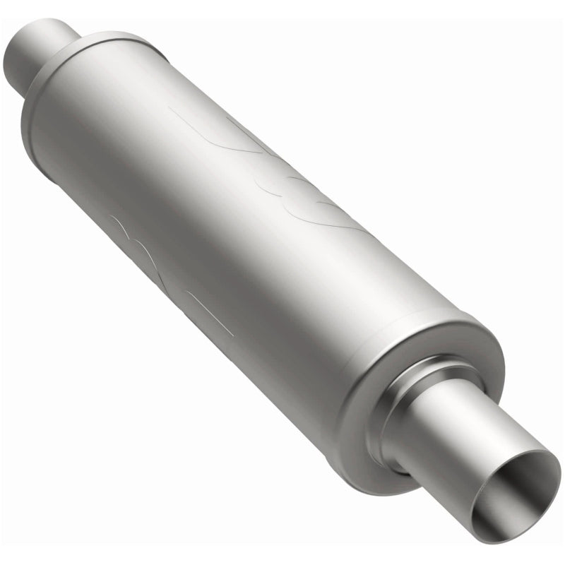 MagnaFlow Mag SS 7X7 muffler with 4-inch inlet and outlet, stainless steel construction, showing the cylindrical shape and inlet ports.