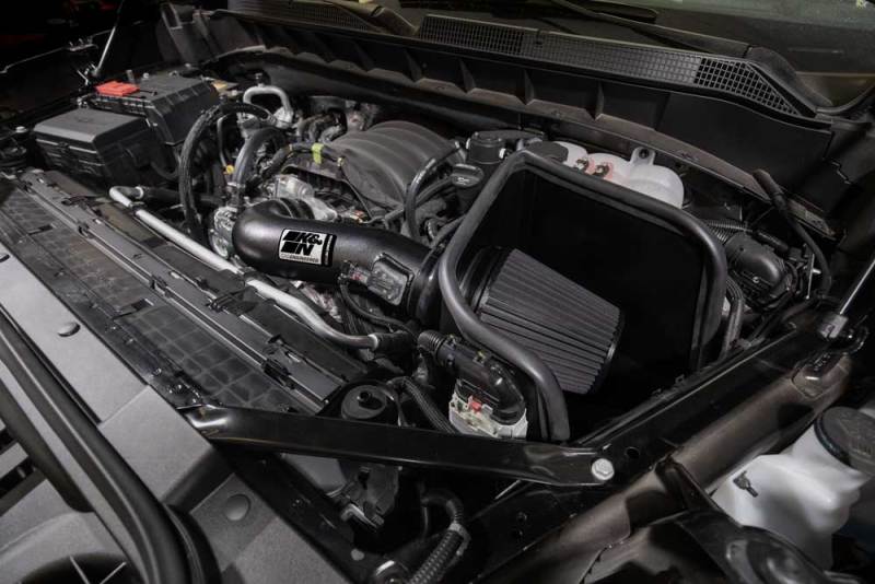 K&N 2019 Chevrolet Silverado 1500 5.3L V8 black cold air intake kit installed in engine bay