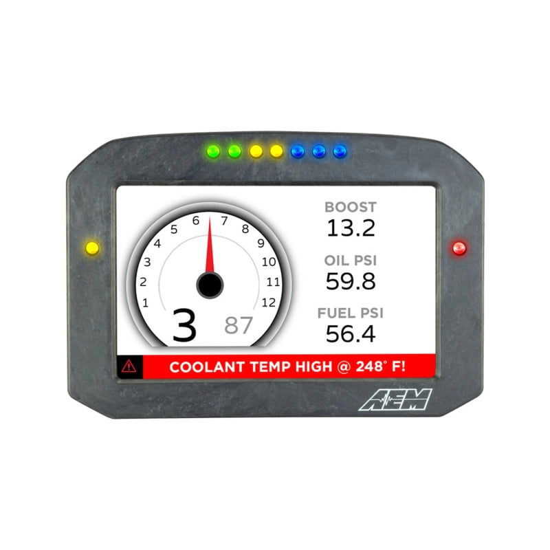 AEM CD-7 Carbon Flush Digital Dash Display gauge showing a sleek black carbon finish and digital readout for vehicle performance monitoring.