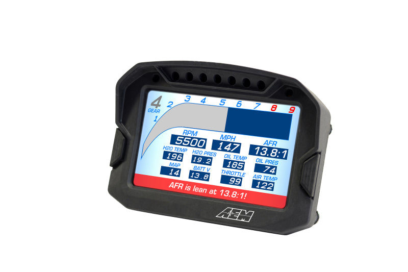 AEM CD-5LG Carbon Logging Digital Dash Display gauge with internal 10Hz GPS and antenna, showing digital readouts and mounting.