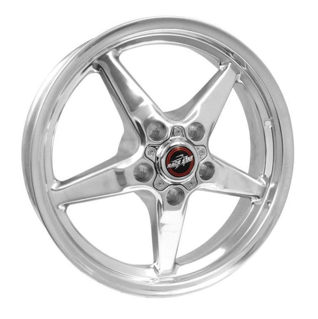 Polished Race Star 92 Drag Star 17x4.50 cast wheel with 5x4.50 bolt pattern and 1.75-inch backspacing, designed for direct drill applications.