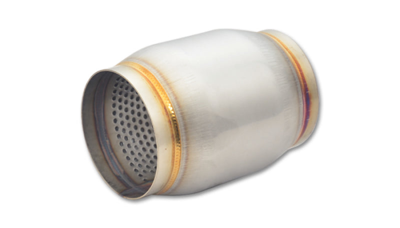 Vibrant SS Race Muffler with 3-inch inlet and outlet, 5-inch length, showcasing a shiny stainless steel finish.