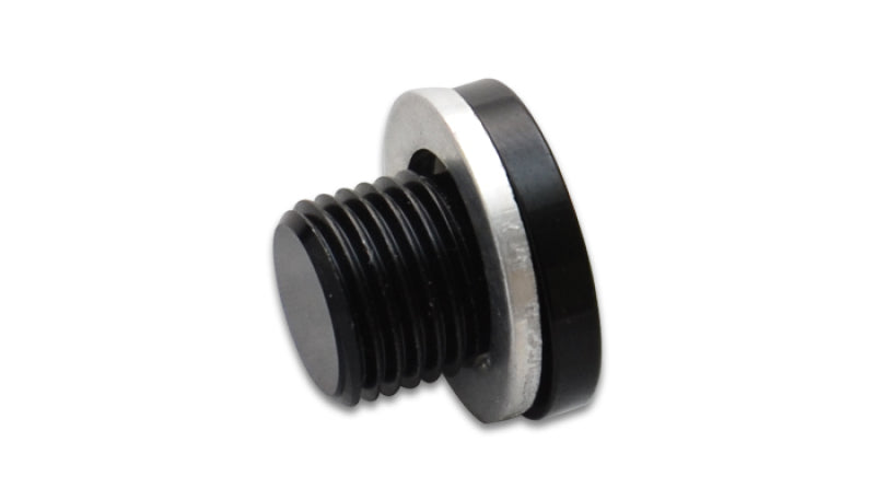 Vibrant M12 x 1.25 aluminum port plug with crush washer for fittings, showcasing the threaded metal fitting and washer.