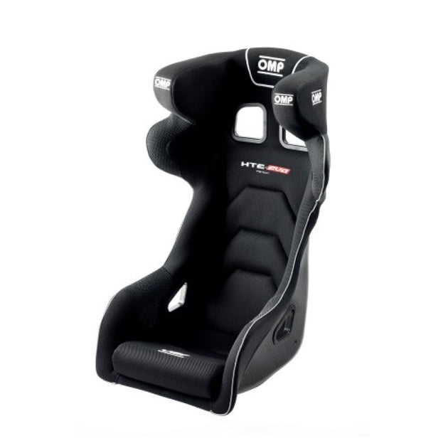 Black OMP HTE Series Evo Carbon racing seat with ergonomic design and carbon fiber shell for high-performance motorsport use.