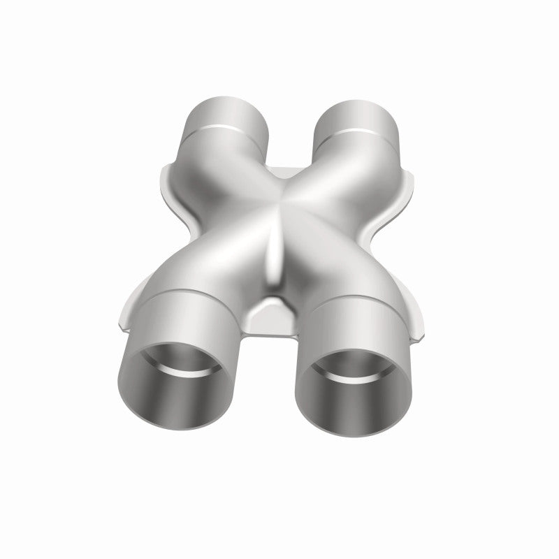 MagnaFlow Smooth Trans X 2.5/2.5 stainless steel X pipe for exhaust systems, showing polished metal with smooth welds.