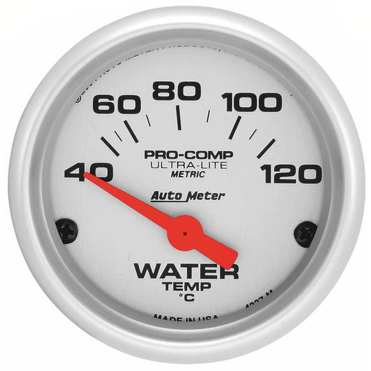 AutoMeter Ultra-Lite 52mm electronic water temperature gauge with short sweep dial, showing temperature range from 40 to 120°C.