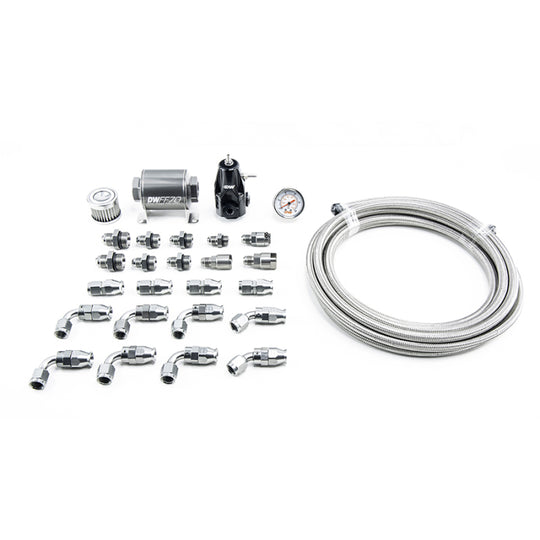 DeatschWerks 10-15 Chevy Camaro X2 Series fuel pump module with -6AN PTFE plumbing kit, shown with pump and fittings.