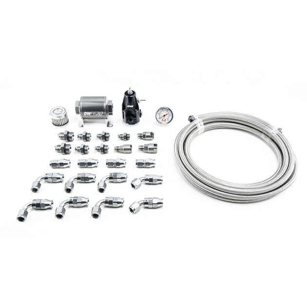 DeatschWerks 10-15 Chevy Camaro X2 Series fuel pump module with -6AN PTFE plumbing kit, shown with pump and fittings.