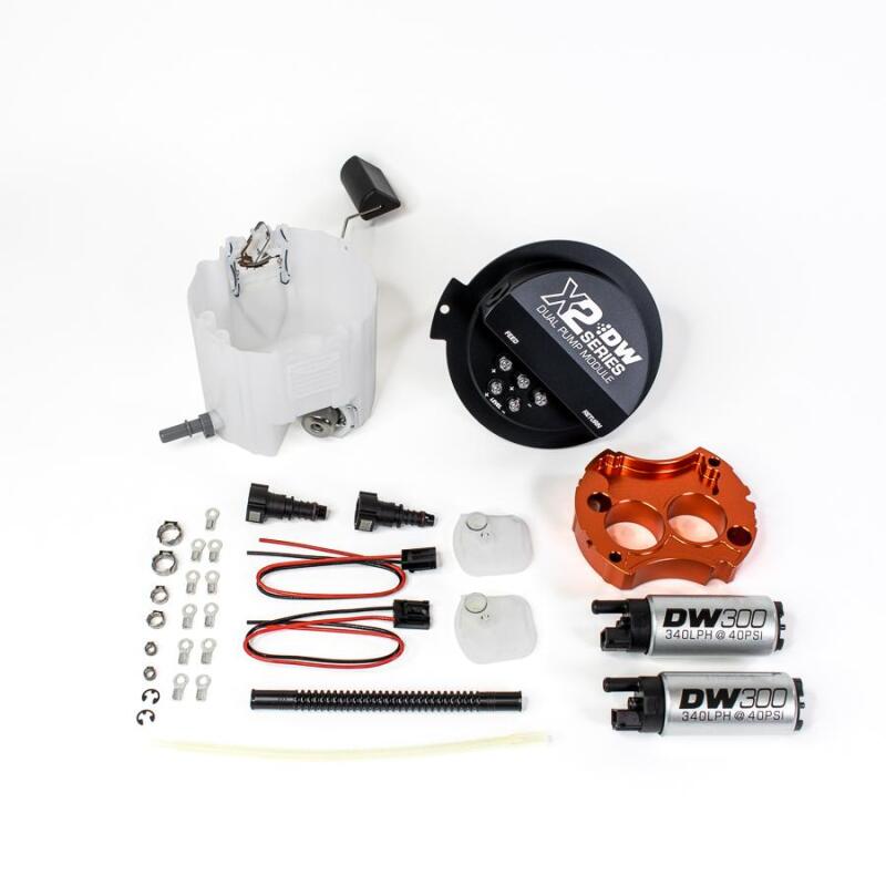 DeatschWerks X2 Series fuel pump module with two DW300 fuel pumps for 2010-2015 Chevy Camaro LS 3.7 V6 and SS LS3 models.