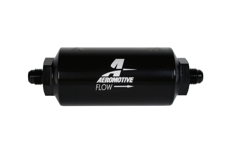 Aeromotive In-Line Fuel Filter with AN-06 Male fitting and 100 micron stainless steel element for clean fuel filtration.