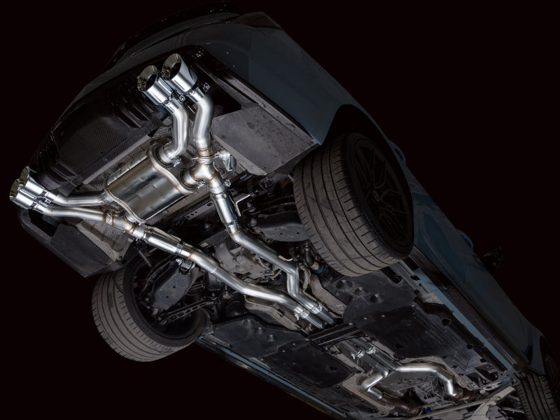 AWE Tuning 22-26 Cadillac CT5-V Blackwing catback SwitchPath exhaust with chrome silver tips installed on a vehicle.