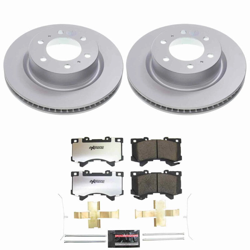 PowerStop Toyota Tacoma front Z36 coated brake and tow kit with brake pads and rotors installed on a truck.