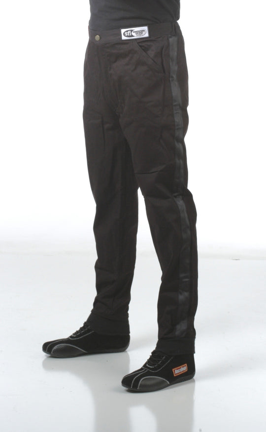 RaceQuip Black SFI-1 1-L racing pants in medium size, made for motorsport safety and comfort.