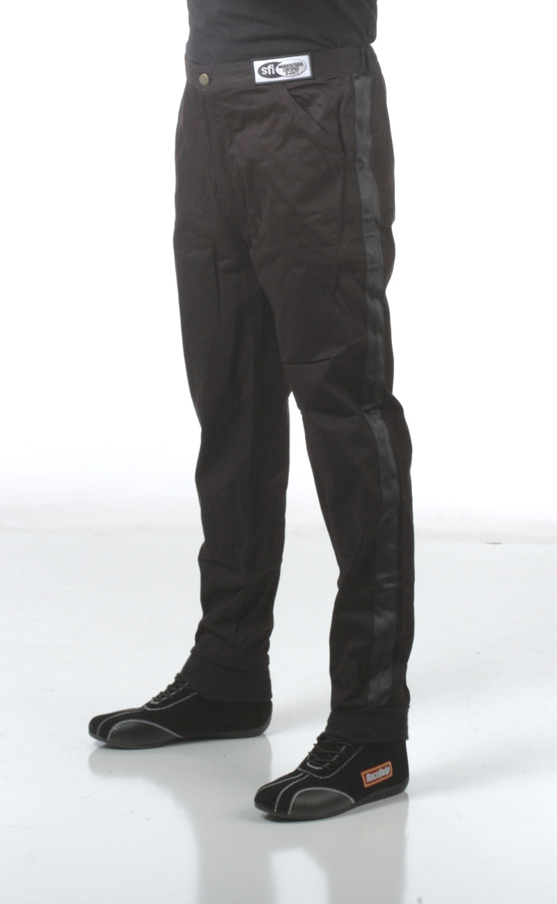 RaceQuip Black SFI-1 1-L racing pants in medium size, made for motorsport safety and comfort.