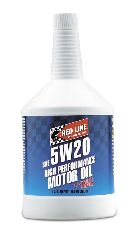 Red Line 5W20 motor oil quart container with label, suitable for automotive engine lubrication and maintenance.