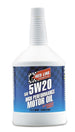 Red Line 5W20 motor oil quart container with label, suitable for automotive engine lubrication and maintenance.