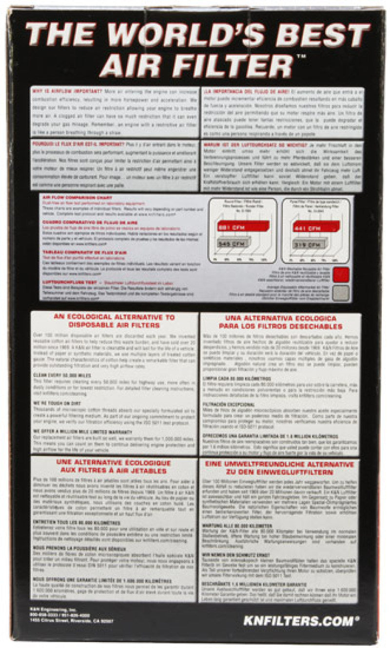 K&N Engineering oval drop-in air filter with black pleated filter media and rubber edges, measuring 8.785x5.25 inches, 4.5 inches high