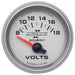 AutoMeter Ultra-Lite II 52mm electronic voltmeter gauge displaying voltage from 8 to 18 volts with short sweep design.