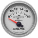 AutoMeter Ultra-Lite II 52mm electronic voltmeter gauge displaying voltage from 8 to 18 volts with short sweep design.