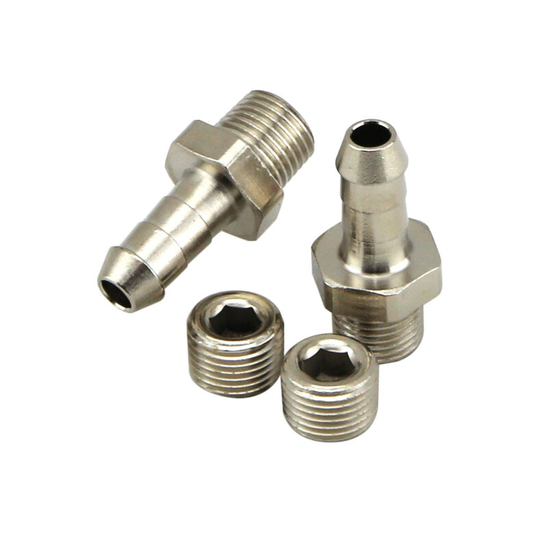 Turbosmart 1/8in NPT 6mm hose tail fittings and blanks for automotive fluid connections, showing metal fittings and connectors.
