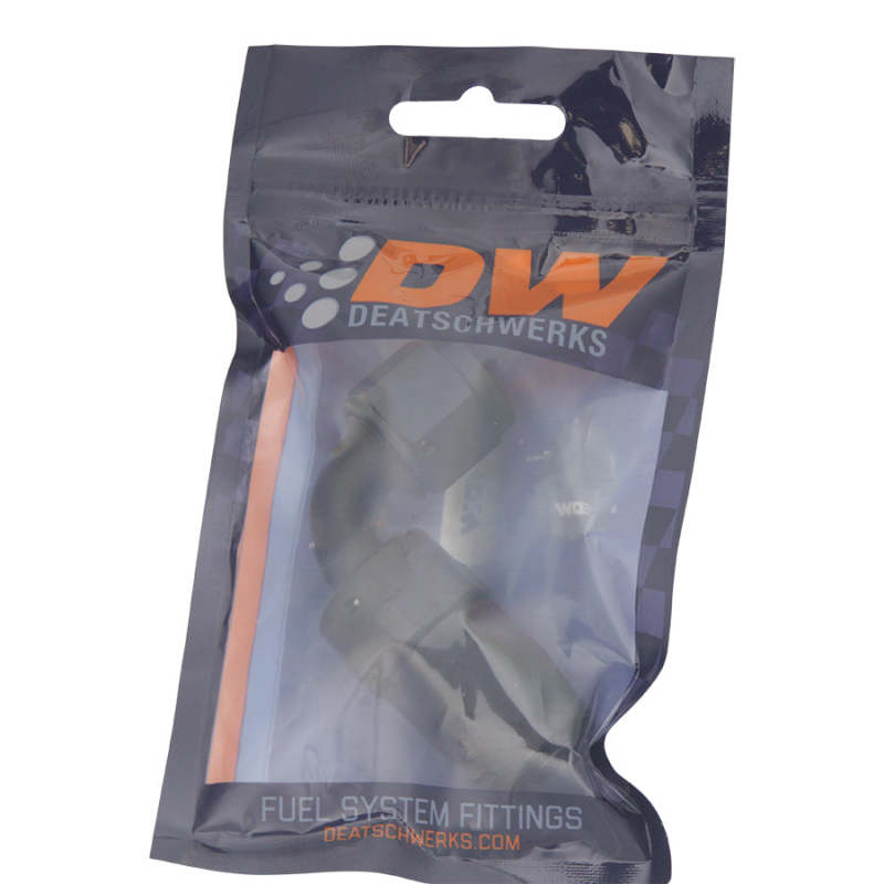 DeatschWerks 6AN female swivel 90-degree hose end fitting in anodized matte black for fuel and fluid connections.