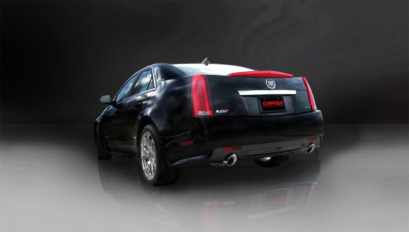 Polished Corsa Performance axle-back exhaust for 2009-2014 Cadillac CTS V V8 sedan, showcasing sleek dual exhaust tips.
