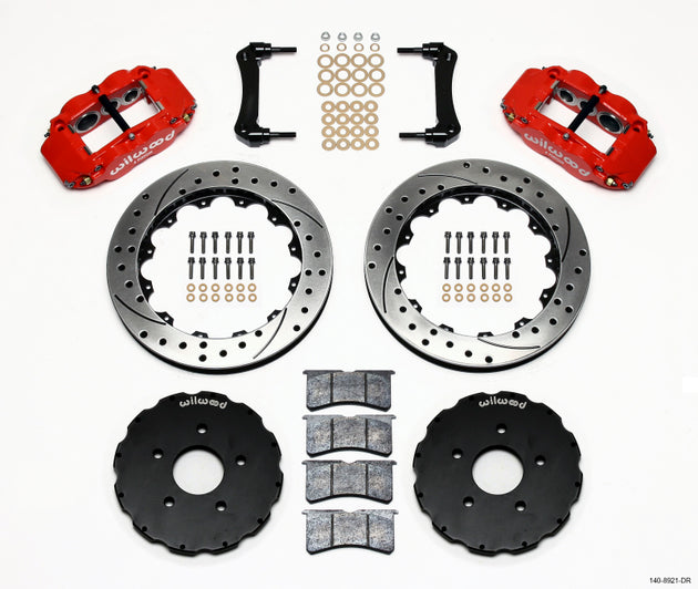 Wilwood Narrow Superlite 6R front hat kit in red for 2005-up Corvette C6 big brake kit, showing drilled rotor and hat components.