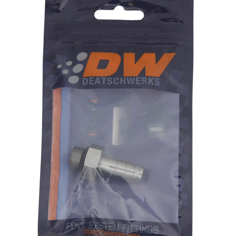 DeatschWerks 6AN ORB male to 3/8 inch male triple barb fitting with O-ring, used for fuel or fluid connections