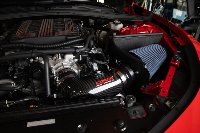 CORSA Performance Corsa 2017-2023 Chevrolet Camaro ZL1 carbon fiber cold air intake with MaxFlow 5 oil filtration system installed.