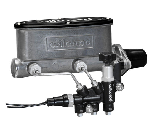 Wilwood HV tandem master cylinder brake kit with 1-inch bore, includes left-hand bracket and proportioning valve, for automotive braking systems.