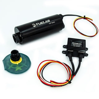 Fuelab in-tank twin screw brushless fuel pump kit with remote mount controller, 65-micron filter, capable of 1100 LPH flow.