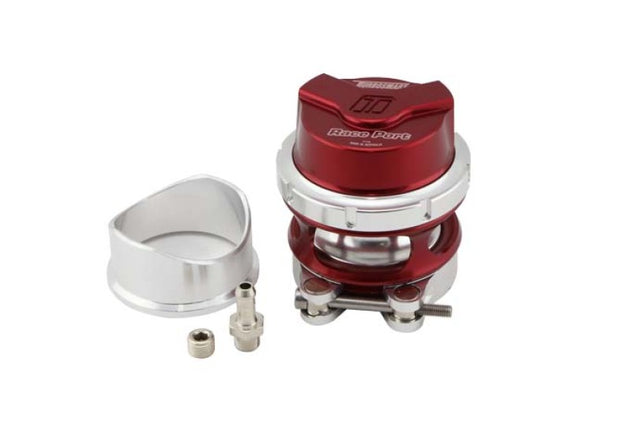 Red Turbosmart BOV RacePort Gen V blow off valve installed on a vehicle, showcasing its sleek design and vibrant color.