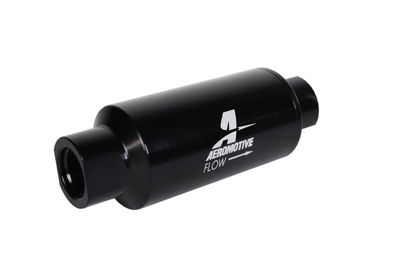 Aeromotive in-line fuel filter with 10AN fitting, 10-micron Microglass element, bright-dip black finish, 2-inch OD.