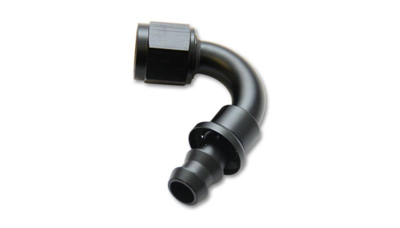 Vibrant 120-degree hose end elbow fitting -12AN push-on hose fitting for automotive or industrial fluid connections.