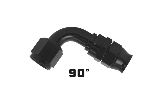 Aeromotive AN-08 PTFE hose end fitting with 90-degree black anodized finish for high-performance fuel or oil lines.