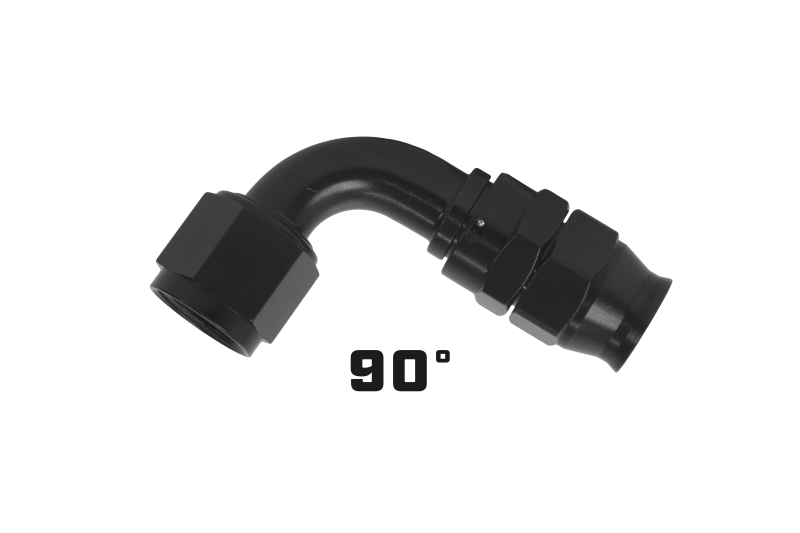 Aeromotive AN-10 90-degree PTFE hose end fitting in black anodized finish, designed for high-performance fuel and fluid lines.