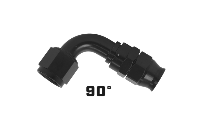 Aeromotive AN-10 90-degree PTFE hose end fitting in black anodized finish, designed for high-performance fuel and fluid lines.