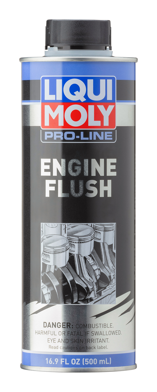 LIQUI MOLY Pro-Line Engine Flush additive bottle, 500mL for cleaning engine interiors, automotive maintenance product.