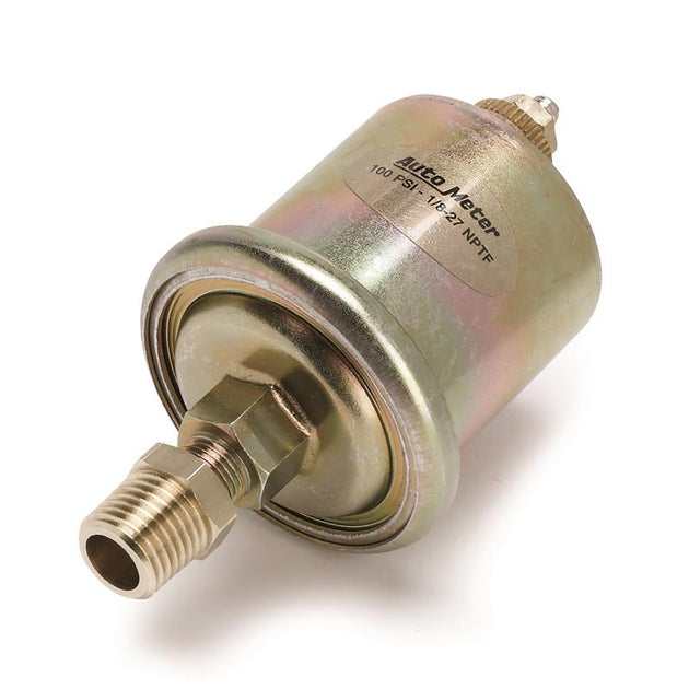 AutoMeter oil pressure sensor with 0-100 PSI range, 1/8 inch NPT male fitting for short sweep electric gauges.