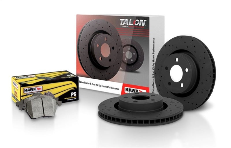 Hawk Performance Talon brake rotors with slot and drilled design, showing a close-up of the vented, high-performance disc brakes.