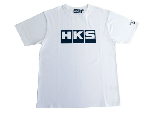 White HKS T-shirt featuring the HKS logo, casual short-sleeve shirt for everyday wear.