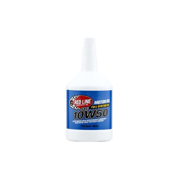 Red Line 10W50 motor oil quart bottle with red and black label, suitable for engine lubrication and maintenance.