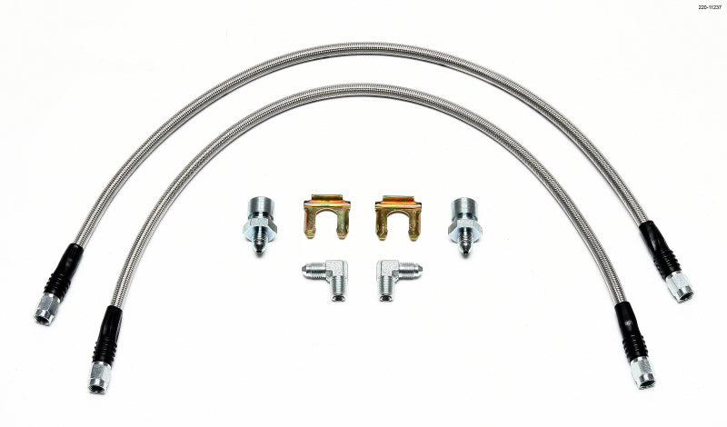 Wilwood brake line kit with 22-inch flexible hose, 3/8-24 fittings, and 90-degree elbow for vehicle brake system installation.